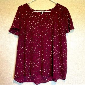 Elle Women’s Short Sleeve Animal Print Sheer V-Neck Maroon Size L